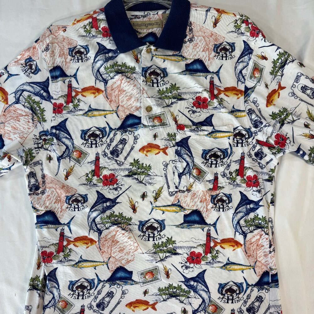 Munsingwear Mens Polo Shirt M Fishing Marlin Fish Shark Beach Boating Knit Top